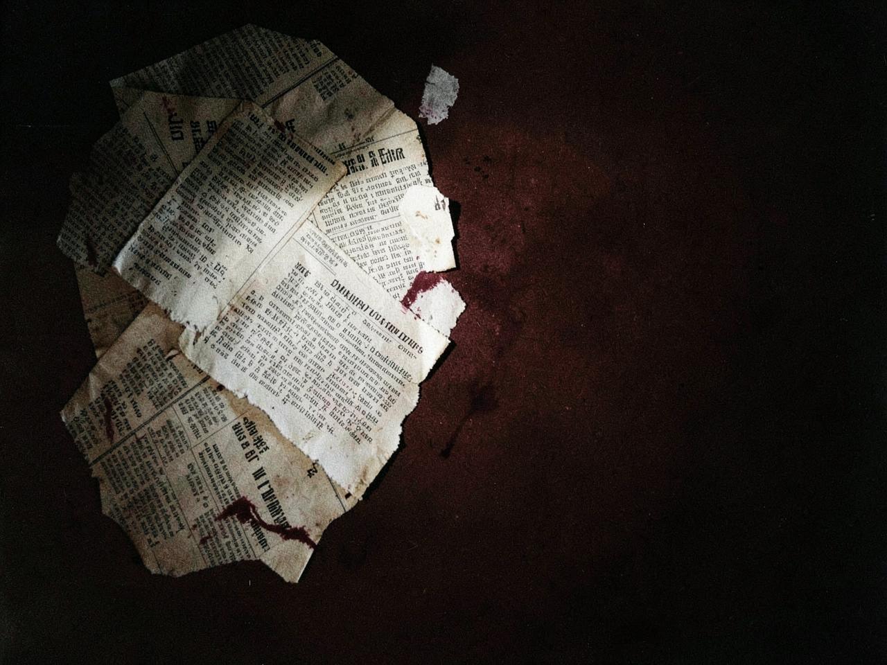 Torn newspaper clippings layered on a dark surface, lit by a single shaft of light