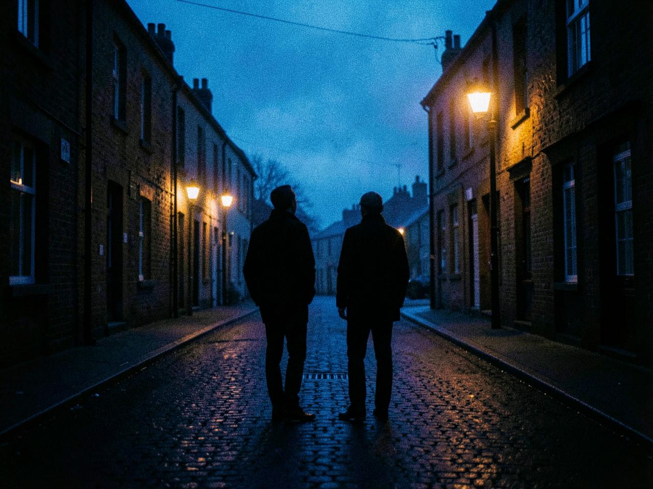 Two silhouetted figures on a cobbled northern street at dusk